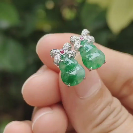 High Quality Light Green with Green Patches crafted as one pair of Gourd on Natural Type A Jadeite Jade as Stud Earrings Certificate weighs 2.38 grams (18k01)