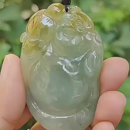 Latest Arrival crafted as Milo Buddha on High Quality Natural Type A Jadeite Jade as Pendant Necklace with certificate weighs 39.75 grams, measurement 59.6 * 36.8 * 10.8 (pendant325)