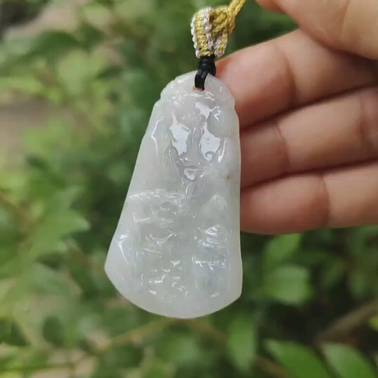 Latest Added SG Seller - Crafted as Scenery on Natural Type A Jadeite Jade, White with Light Green Hue as Pendant, certificate weighs 11.07 grams, measurement 48.3 * 27.9 * 4.8 mm (pendant331)