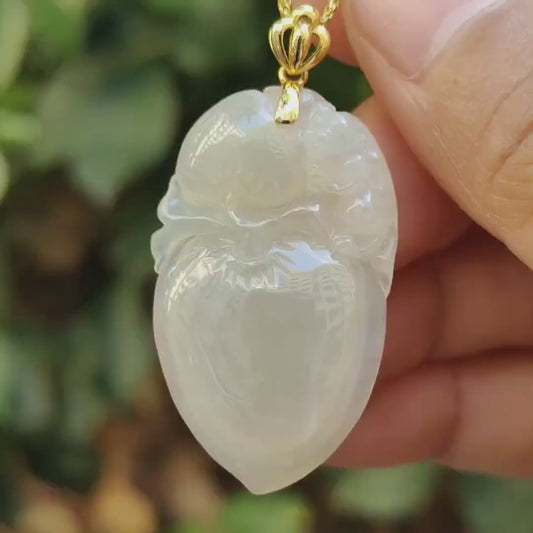 Semi Icy Yellow Natural Type A Jadeite Jade crafted with Monkey and Peach as Pendant with 18k clasp, certificate weighs 6.97 grams, measurement 35 * 21.2 * 5.5 mm (18kp91)