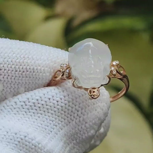 Icy Translucent Natural Type A Jadeite Jade Crafted as Pixiu set on 18k as Ring, certificate weighs 2.22 grams, measurement 11.7 * 9.8 * 5.8 mm (18kring40)