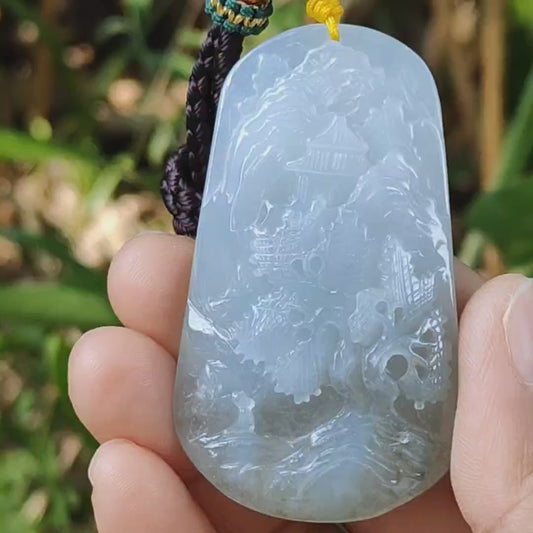 Liontin Giok Jadeite Alami Warna Hijau Kebiruan Berkualitas Tinggi Tipe A yang dibuat dengan pemandangan, sertifikat (liontin294)