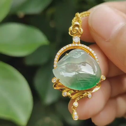 Very Rare Premium Natural Type A Jadeite-Jade with Green and Green Hue, Good Translucent, set with 18k Gold crafted as Swan Pendant, certificate weighs 3.55 grams, measurement 37 * 20 * 6.5 mm (18kp67)