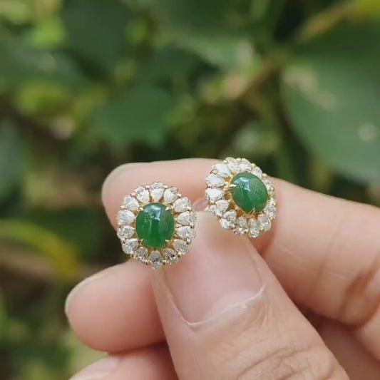 Latest New Arrival Premium High-Quality Pair of Green Cabochons Stud Earrings set on 18k gold on Natural Type A Jadeite Jade certificate weighs 2.19 grams (18kp03)