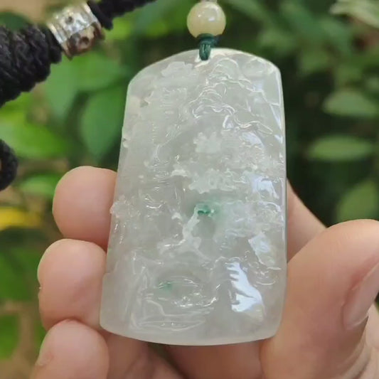 High Quality Good Translucent Light Green with Green Patches Crafted with Scenery Natural Type A Jadeite Jade as Pendant certificate weighs 26.66 grams, measurement 48.1 * 28 * 11.8 (pendant313)