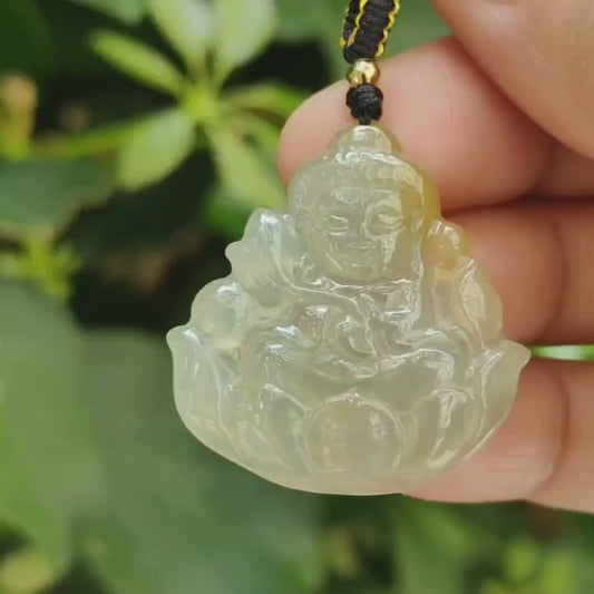 Icy Yellow Translucent Baby Buddha Pendant Natural Type A Jadeite Jade certificate weighs 5.74 grams, measurement 30.2 * 29.1 * 4.8 mm (pendant388)