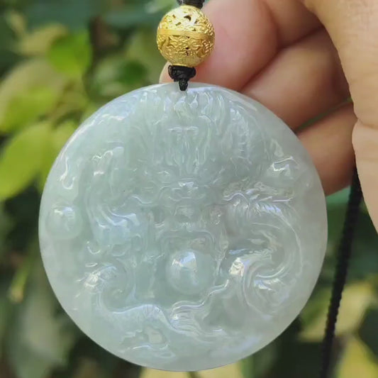 Round Shape Dragon Pendant Natural Type A Jadeite Jade added with one 18k Bead, certificate weighs 27.7 grams, measurement 50 * 50 * 6.1 mm (18kp90)