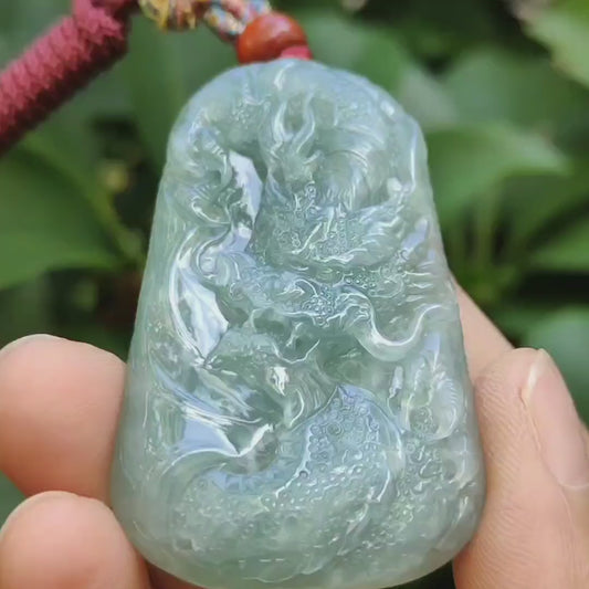 Latest Arrival ~ Crafted as Dragon Pendant on Natural Type A Jadeite Jade certificate weighs 28.8 grams, measurement 56.1 * 33.6 * 7.8 mm (pendant358)