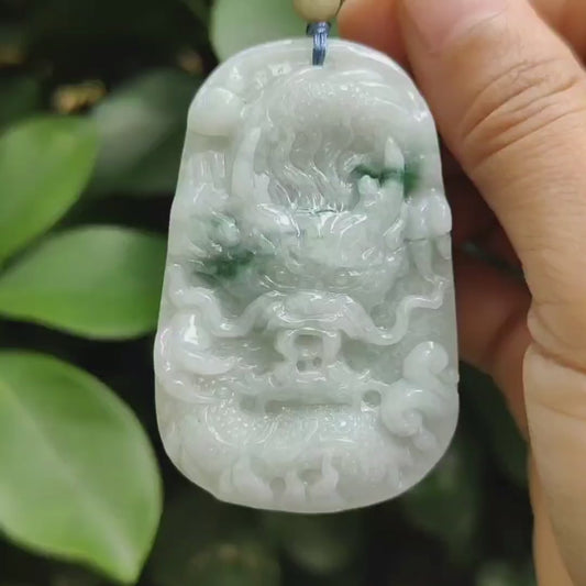 Green Floating Patches rare old-school Natural Type-A Jadeite-Jade crafted with traditional Dragon as Pendant, certificate weighs 34.91 grams, measurement 60.6 * 38.8 * 8.2 mm (pendant302)