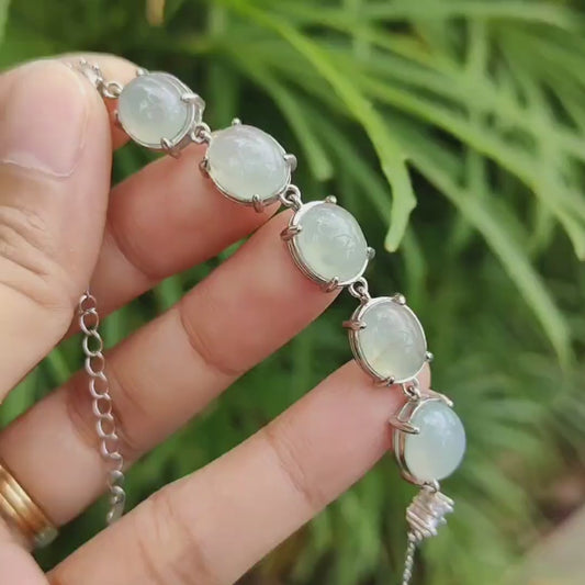 Newly Listed ~ SG Local Seller ~ 5 Big High-Quality Cabochons crafted on Natural Type A Jadeite Jade set with S925 as Bracelet, certificate weighs 7.71 grams (S925b4)