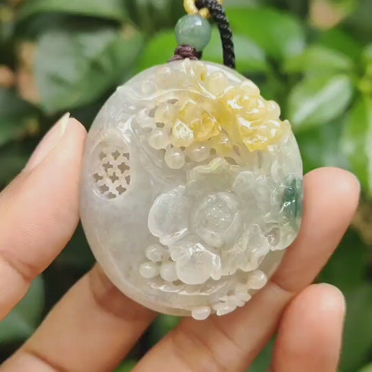 Rare Old Collection Old School Flowers Pendant Yellow and Green Natural Type A Jadeite Jade certificate weighs 42.61 grams, measurement 46.8 * 40.8 * 13.2 mm (pendant387)