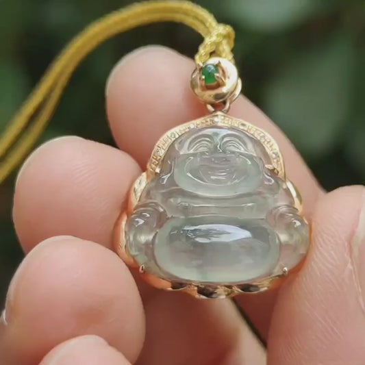 High Translucent Quality Natural Type A Jadeite Jade crafted as Milo Buddha set with 18k gold as Pendant - Latest Arrival in Sg - certificate weighs 2.77 grams, measurement 23 * 19.2 * 8.5 mm (18kp76)