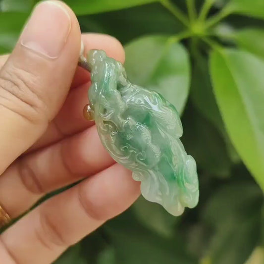 Green with Yellow Natural Type A Jadeite Jade crafted with Ruyi and Pixiu as pendant, certificate weighs 16.67 grams, measurement 47.2 * 19.8 * 13.3 mm (pendant344)