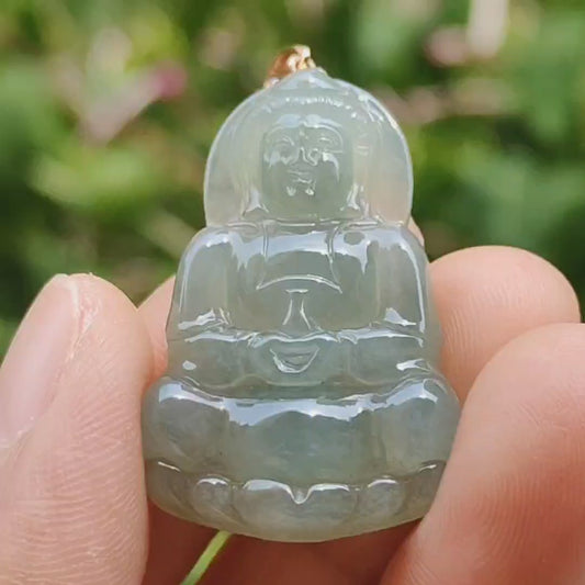 Hijau Muda Bagus Tembus Pandang Jenis Alami A Jadeite Jade dibuat dengan gesper emas Guanyin 18k sebagai Liontin, sertifikat berat 6,36 gram, ukuran 32,2 * 21 * 5,8 mm (18kp49)