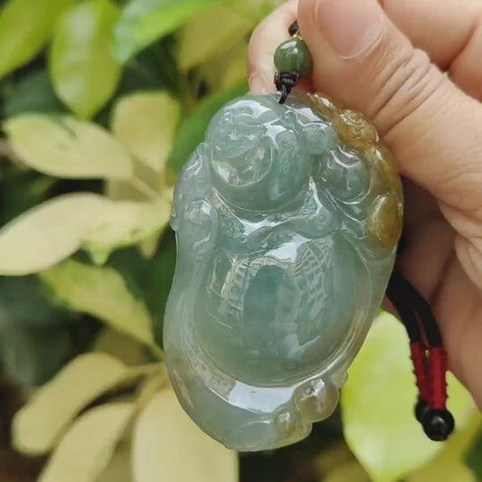 New Arrival Singapore - High Quality Green with Yellow Crafted as Milo Buddha on Natural Type A Jadeite Jade as Pendant with certificate weighs 41.79 grams, measurement 63.2 * 39.9 * 10.7 mm (pendant323)
