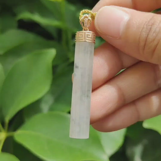 Good Translucent Icy Natural Type-A Jadeite-Jade crafted with shape of cylindrical set with 18k gold clasp as Pendant, certificate weighs 6.96 grams, measurement 43.8 * 8.1 * 7.1 mm (18kp64)