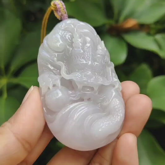 Crafted as Big Dragon Pendant on Natural Type A Jadeite Jade certificate weighs 72.71 grams, measurement 67.7 * 41 * 14.6 mm (pendant360)