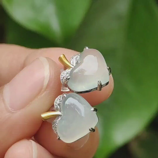 Heart Shape Icy Translucent Natural Type A Jadeite Jade Cabochons design as Apple shape with 18k stud earrings, certificate weighs 2.65 grams (18k06)