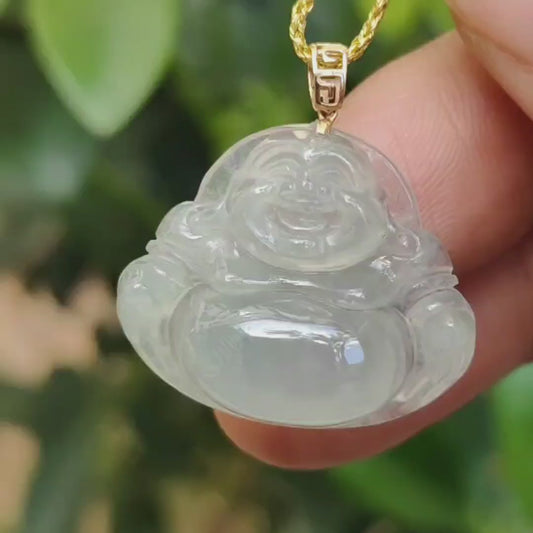 New Listing crafted as Milo Buddha on Natural Type A Jadeite Jade as Pendant with 18k Clasp, certificate weighs 3.97 grams, measurement 19.3 * 23.3 * 6.3 mm (18kp89)