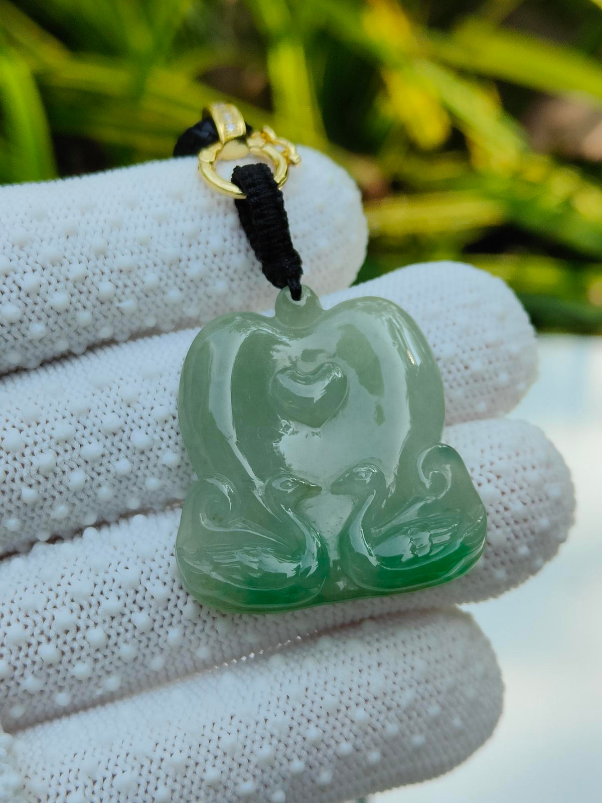 Natural Type A Jadeite Mandarin Ducks Pendant | Light Green with Green Hue | 8.93g | Certified | Wood & Water Harmony - SKU: Pendant2603 Yi Pin Qian - Singapore Jade Shop