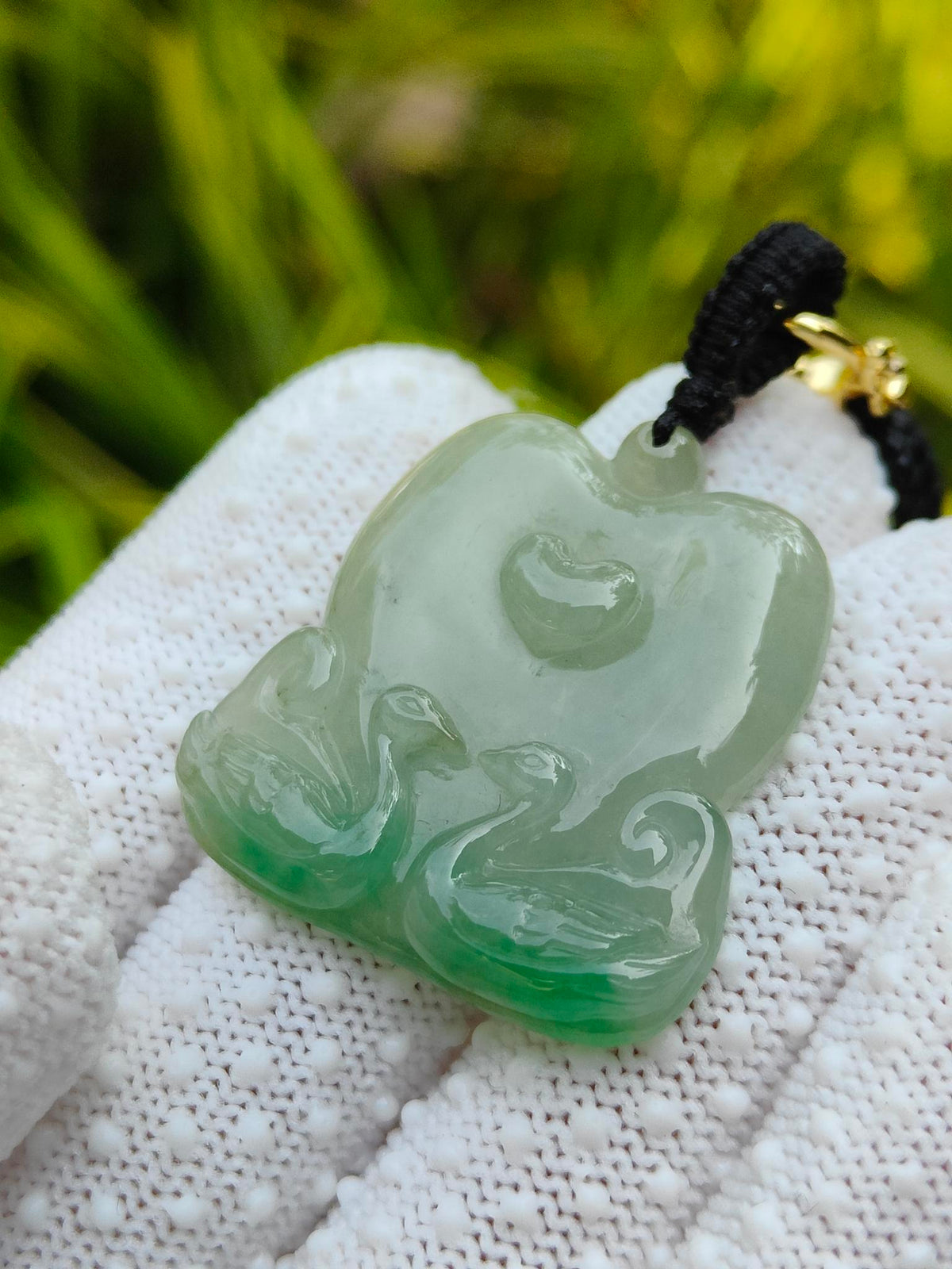 Natural Type A Jadeite Mandarin Ducks Pendant | Light Green with Green Hue | 8.93g | Certified | Wood & Water Harmony - SKU: Pendant2603 Yi Pin Qian - Singapore Jade Shop