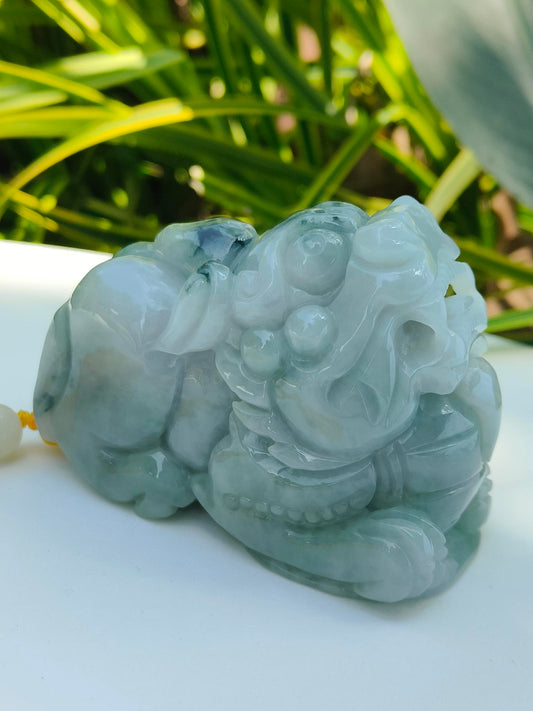 Natural Type A Jadeite Jade Pixiu Display Piece | Wooden Base | Home Feng Shui Decor SKU:FCBJ2601 Yi Pin Qian - Singapore Jade Shop
